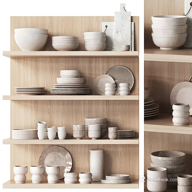 Minimalist Tableware Set With Bowls Plates And Cups On Wooden Shelves 3d model 