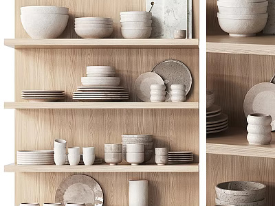 Minimalist Tableware Set With Bowls Plates And Cups On Wooden Shelves 3d model