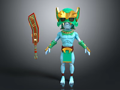 3D Blue Mythical Warrior Character With Golden Green Helmet And Red Gold Ornamental Weapon 3d model