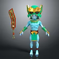 3D Blue Mythical Warrior Character With Golden Green Helmet And Red Gold Ornamental Weapon