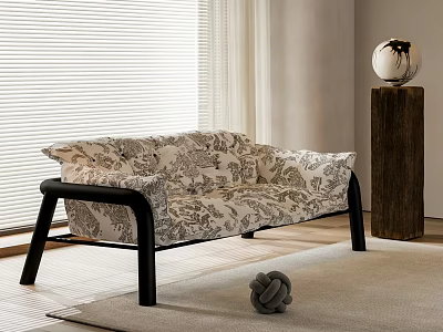 Stylish Two Seater Sofa With Decorative Pattern And Black Frame In Modern Living Space 3d model