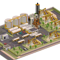 Cartoon Industrial Plant Scene with Silos Crane Trucks Buildings and Trees