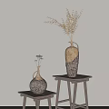 Two Ceramic Vases With Decorative Patterns And Dried Flowers On Small Wooden Stool White Background 3d model