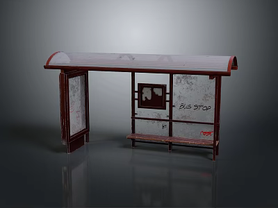 Vintage Bus Stop Structure With Canopy Roof Wooden Bench Glass Frame And Graffiti 3d model