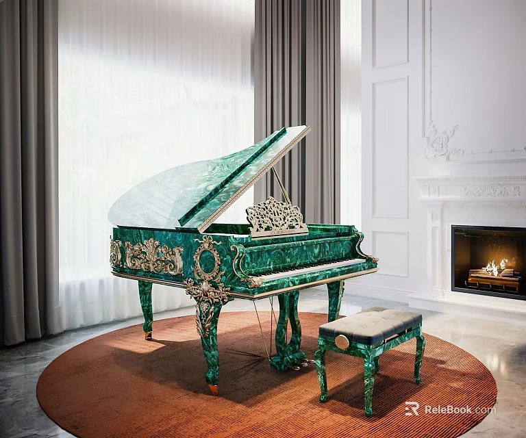 Ornate Green Piano With Stool In Elegant Interior Featuring Fireplace And Curtains 3d model 