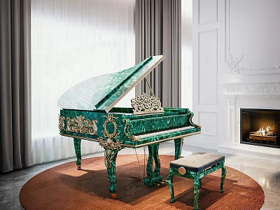Ornate Green Piano With Stool In Elegant Interior Featuring Fireplace And Curtains 3d model