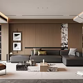 Modern Living Room With L Shaped Sofa Wooden Panel Backdrop Accent Chair And Framed Artworks