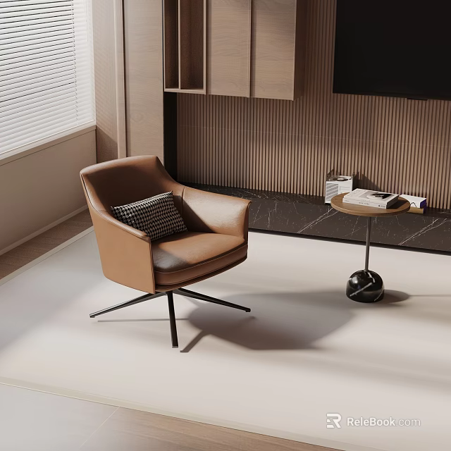 Brown Leather Accent Chair With Pillow Side Table And Books In Modern Living Room 3d model 