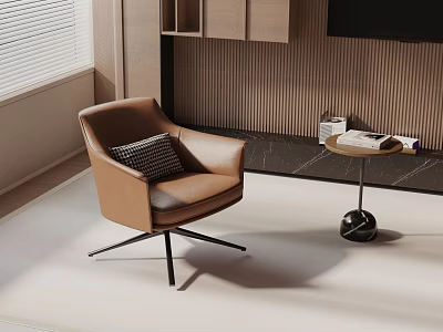 Brown Leather Accent Chair With Pillow Side Table And Books In Modern Living Room 3d model