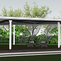 Modern Outdoor Pergola With White Canopy Metal Columns Wooden Floor And Greenery