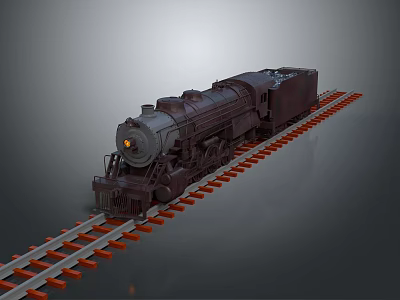 Vintage Steam Train on Railway Tracks with Illuminated Headlight Dark Brown Locomotive and Red Sleepers 3d model