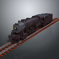 Vintage Steam Train on Railway Tracks with Illuminated Headlight Dark Brown Locomotive and Red Sleepers