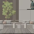 Modern Sofa Coffee Table Set With Cylindrical Tables Pillows And Green Plant In Living Room
