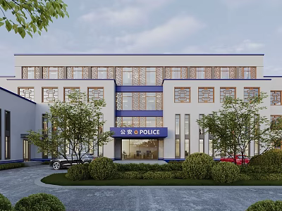 Modern Police Office Building With Blue Accents Greenery Trees Parking And Entrance Sign 3d model