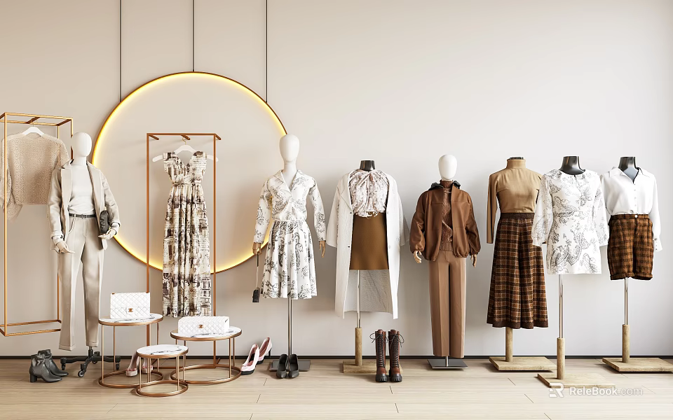 Mannequins In Clothing Store Wearing Various Styles With Circular Light Shoes Bags And Tables 3d model 