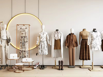 Mannequins In Clothing Store Wearing Various Styles With Circular Light Shoes Bags And Tables 3d model