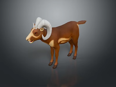 3D Rendered Ram With Curved Horns Brown White Fur Standing On Gray Background 3d model