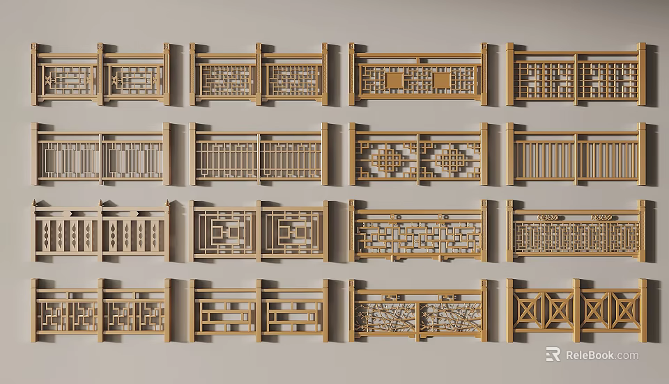 Wooden Railings With Various Geometric Patterns And Openwork Designs Arranged Neatly 3d model 