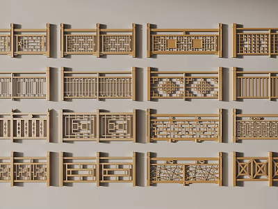 Wooden Railings With Various Geometric Patterns And Openwork Designs Arranged Neatly 3d model