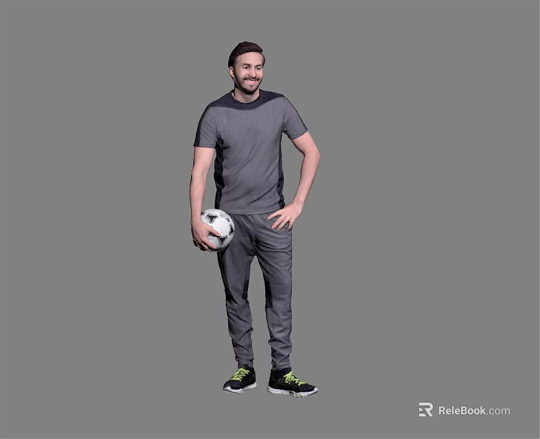 Man in Grey T-Shirt and Pants Holding Soccer Ball Standing Against Grey Background 3d model 