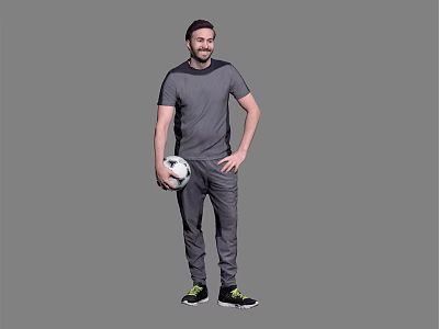Man in Grey T-Shirt and Pants Holding Soccer Ball Standing Against Grey Background 3d model