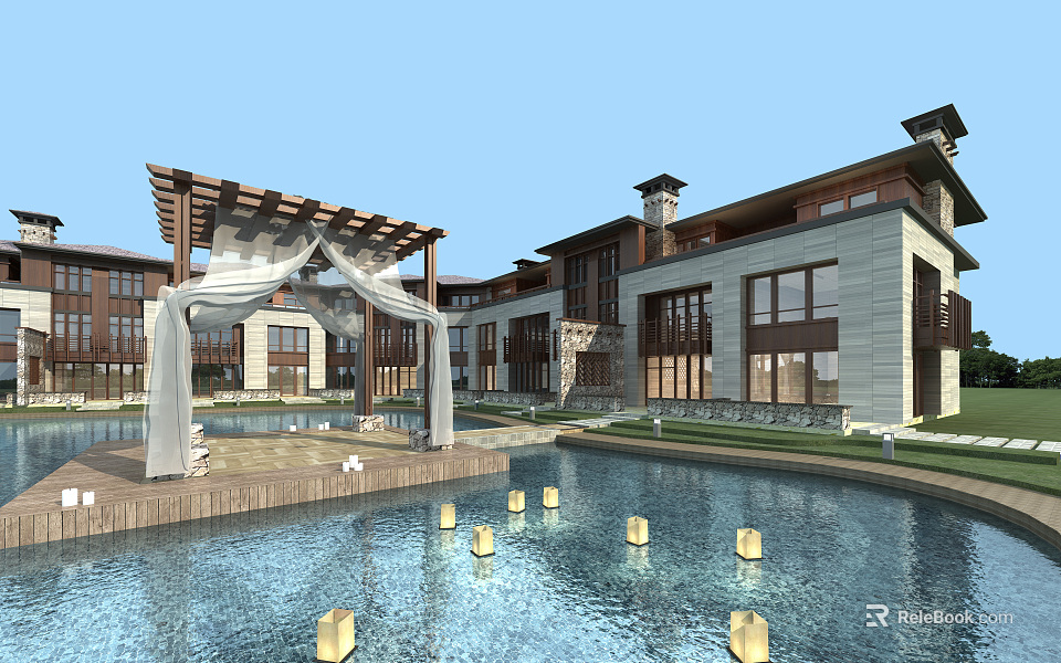 Elegant Townhouse Exterior with Large Windows Water Pond Pergola and Floating Lanterns 3d model 