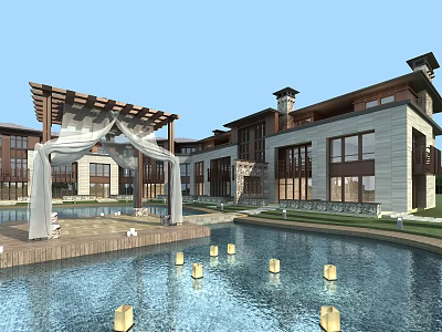 Elegant Townhouse Exterior with Large Windows Water Pond Pergola and Floating Lanterns 3d model