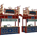 Traditional Chinese Style Storefront With Red Frames Blue Decorations And Hanging Lanterns 3d model