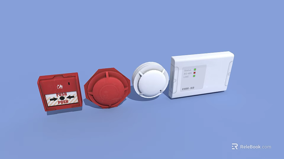 Public Fire Safety Equipment Including Alarm Button Smoke Detector And Control Panel 3d model 