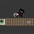 Modern Unique Office Desk With White Base Brown Slanted Stripes Black Chair Monitor And Green Plant