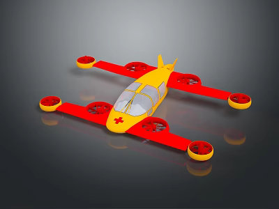 Yellow Red Medical Rescue Aircraft With Multiple Propellers And Cross Symbol 3d model