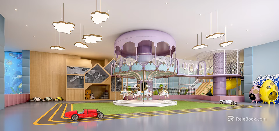 Colorful Playground with Purple Carousel Cloud Pendant Lights Slide Red Car and Green Lawn 3d model 