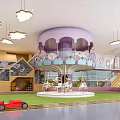 Colorful Playground with Purple Carousel Cloud Pendant Lights Slide Red Car and Green Lawn