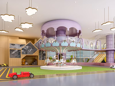 Colorful Playground with Purple Carousel Cloud Pendant Lights Slide Red Car and Green Lawn 3d model