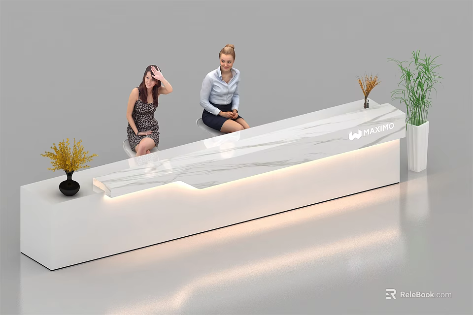 Modern White Reception Desk With Marble Countertop Lighting Two Women And Plants 3d model 