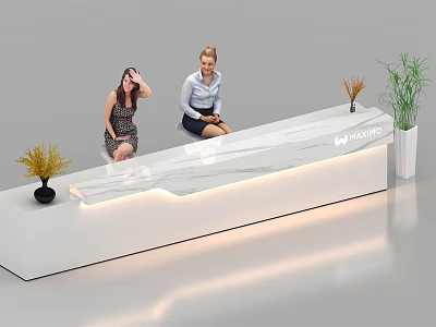 Modern White Reception Desk With Marble Countertop Lighting Two Women And Plants 3d model