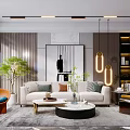 Modern Living Room Interior With Beige Sofa Coffee Tables Plants Pendant Lights And Wall Art