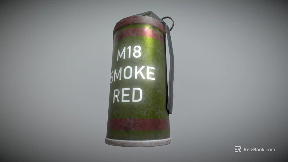 M18 Red Smoke Grenade With Green And Red Metal Casing And Pull Ring 3d model 