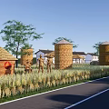 Rural Scenic Landscape With Rice Fields Road Straw Granaries Village And Fu Characters