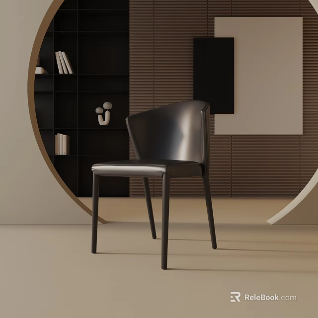 Modern Black Leather Dining Chair In Interior With Bookcase Decorations And Striped Wall 3d model 