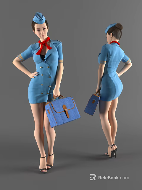 Woman in Blue Double Breasted Uniform With Red Scarf Holding Suitcase and High Heels 3d model 