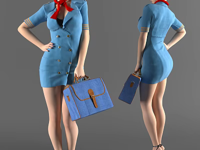 Woman in Blue Double Breasted Uniform With Red Scarf Holding Suitcase and High Heels 3d model