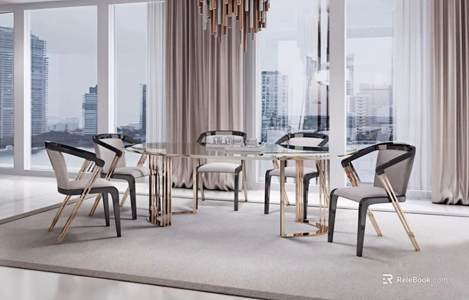 Modern Elegant Dining Table Set With Glass Top Metal Frame Chairs And City View Windows 3d model 