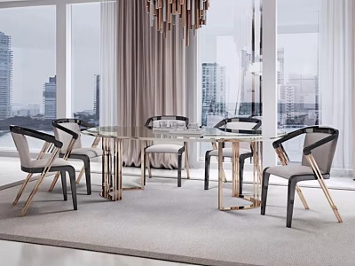 Modern Elegant Dining Table Set With Glass Top Metal Frame Chairs And City View Windows 3d model