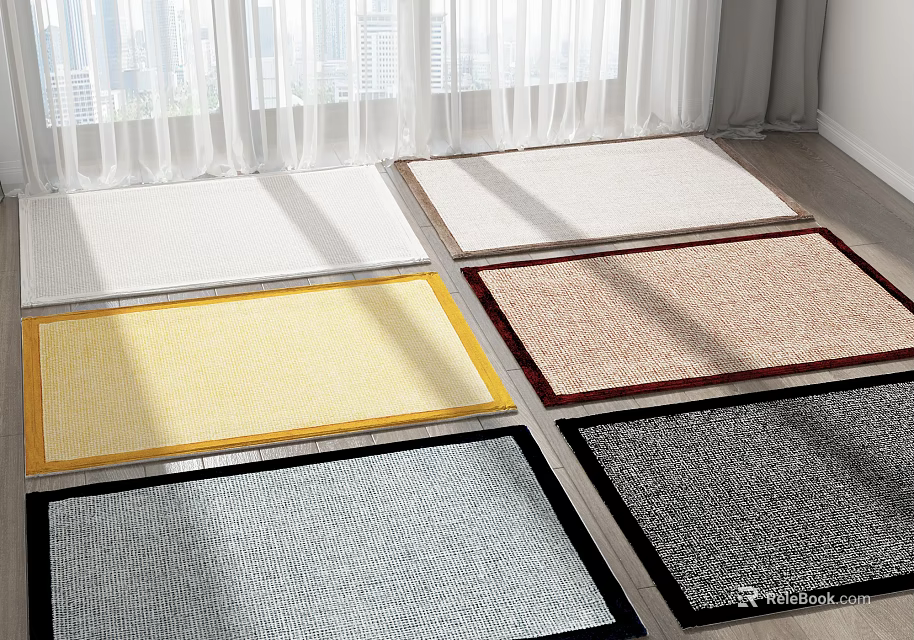 Colorful Square Rugs in Different Hues for Living Room Floor with Sunlight and Soft Texture 3d model 