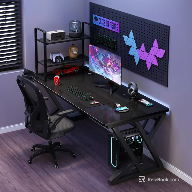 Black Gaming Desk Setup With Shelf Pegboard Geometric Decor PC Case And Accessories 3d model