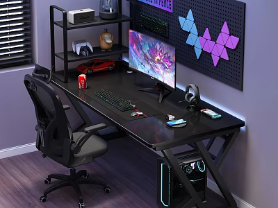 Black Gaming Desk Setup With Shelf Pegboard Geometric Decor PC Case And Accessories 3d model