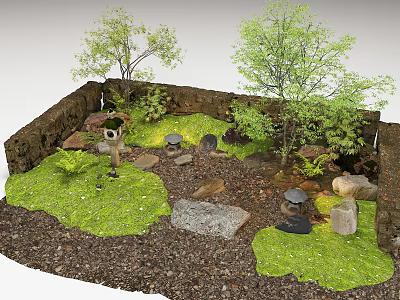 Garden Courtyard Landscape With Stone Walls Trees Green Grass Stones And Lanterns 3d model