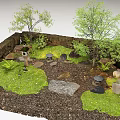 Garden Courtyard Landscape With Stone Walls Trees Green Grass Stones And Lanterns