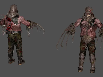 Game Movie Character Design Muscular Bloody Warrior With Helmet Claws Chains And Tattered Clothes 3d model